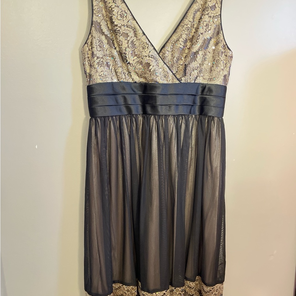 R&M Richards Black and Gold Lace Mini Dress